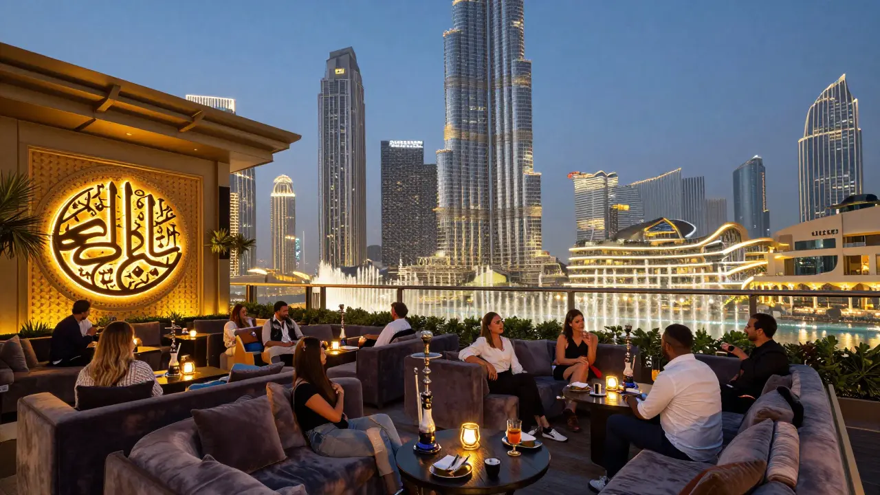 Upscale rooftop shisha lounge with Burj Khalifa skyline and fountain lights in background.