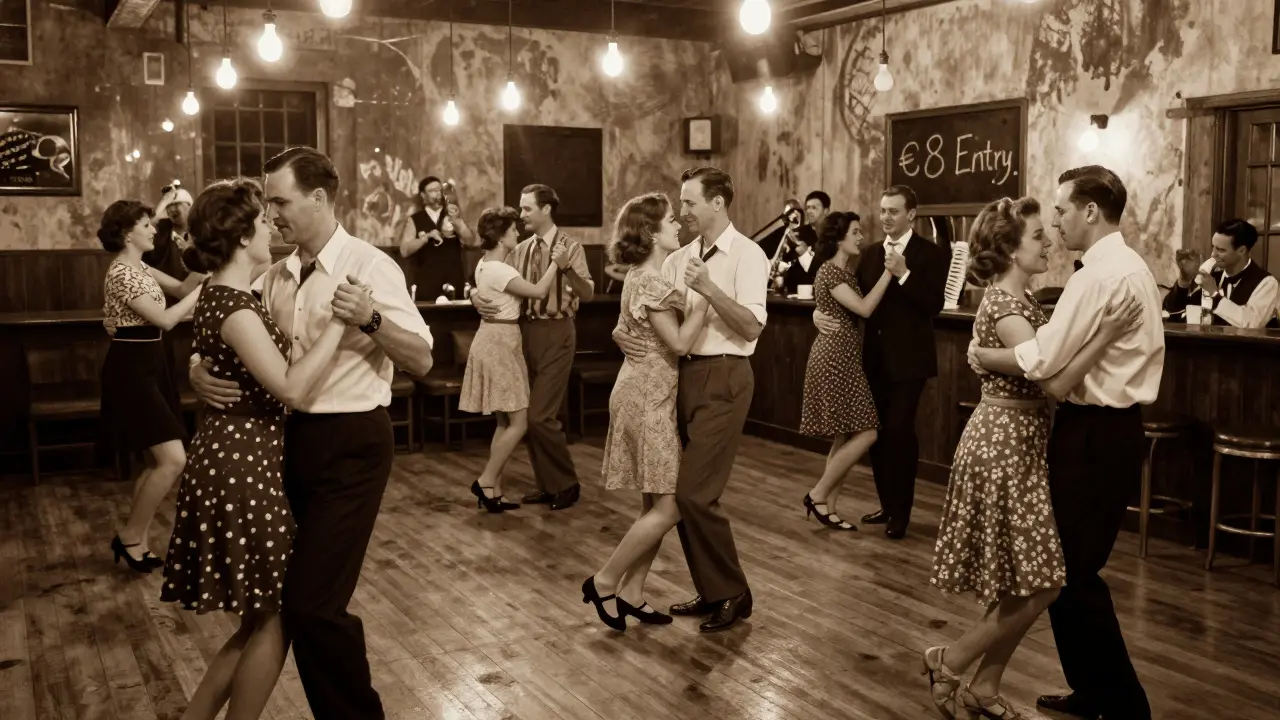 Vibrant dance hall scene at La Java with couples waltzing on a crowded wooden floor, lit by vintage bulbs and live music.