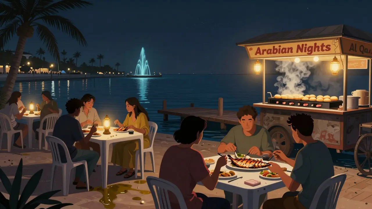 Waterfront diners eating grilled fish and fried dough balls under lantern light.