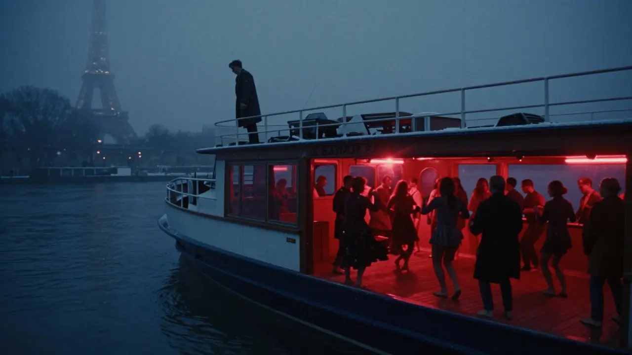 A boat nightclub on the Seine at night, dancers under neon lights with snow falling and the river shimmering.