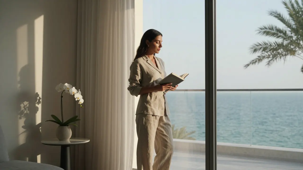 A calm woman standing by a window in a luxury apartment, overlooking the Arabian Gulf.