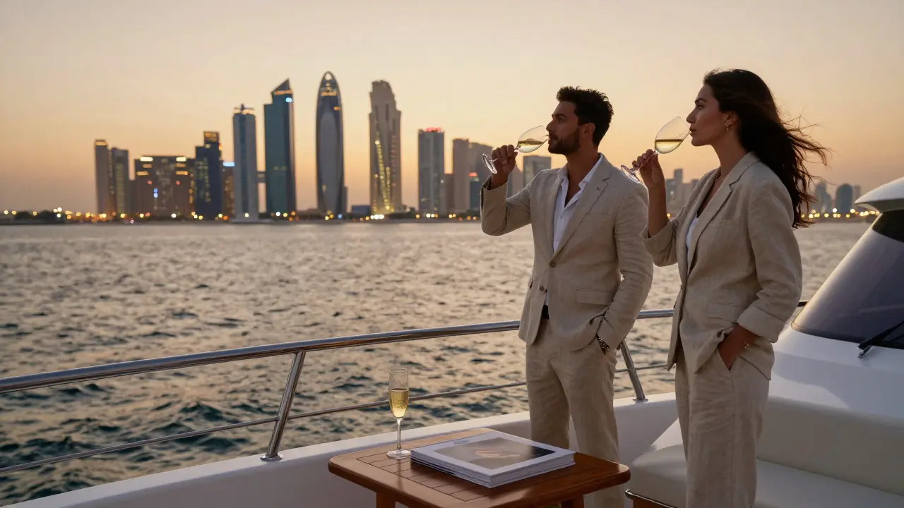 A client and companion on a private yacht at sunset, admiring Abu Dhabi's skyline with elegance and calm.