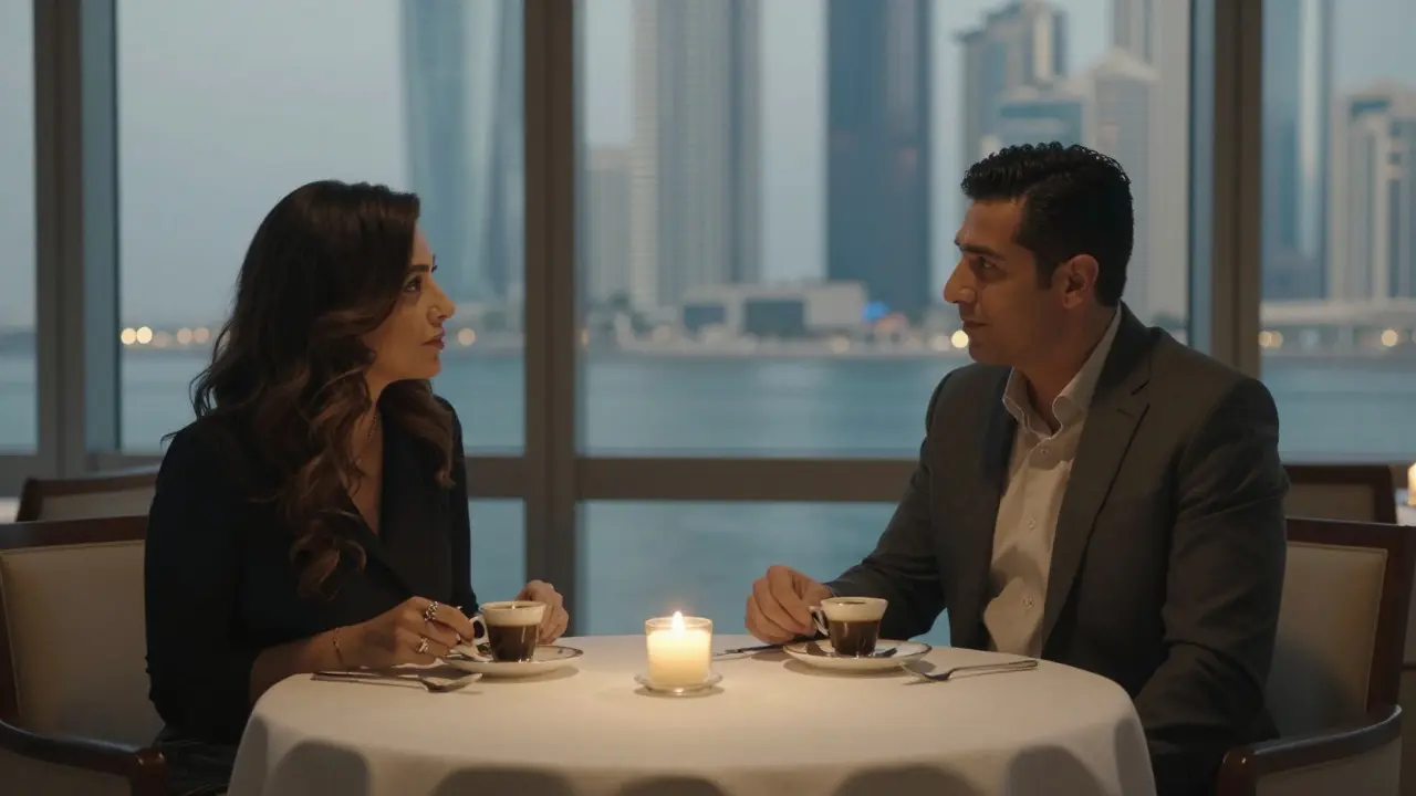 A couple having a quiet dinner at a refined restaurant in Abu Dhabi, conversing respectfully.