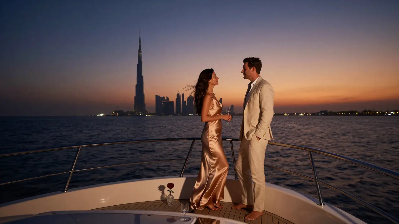 A couple stands on a luxury yacht at sunset, overlooking Dubai's skyline with calm companionship.