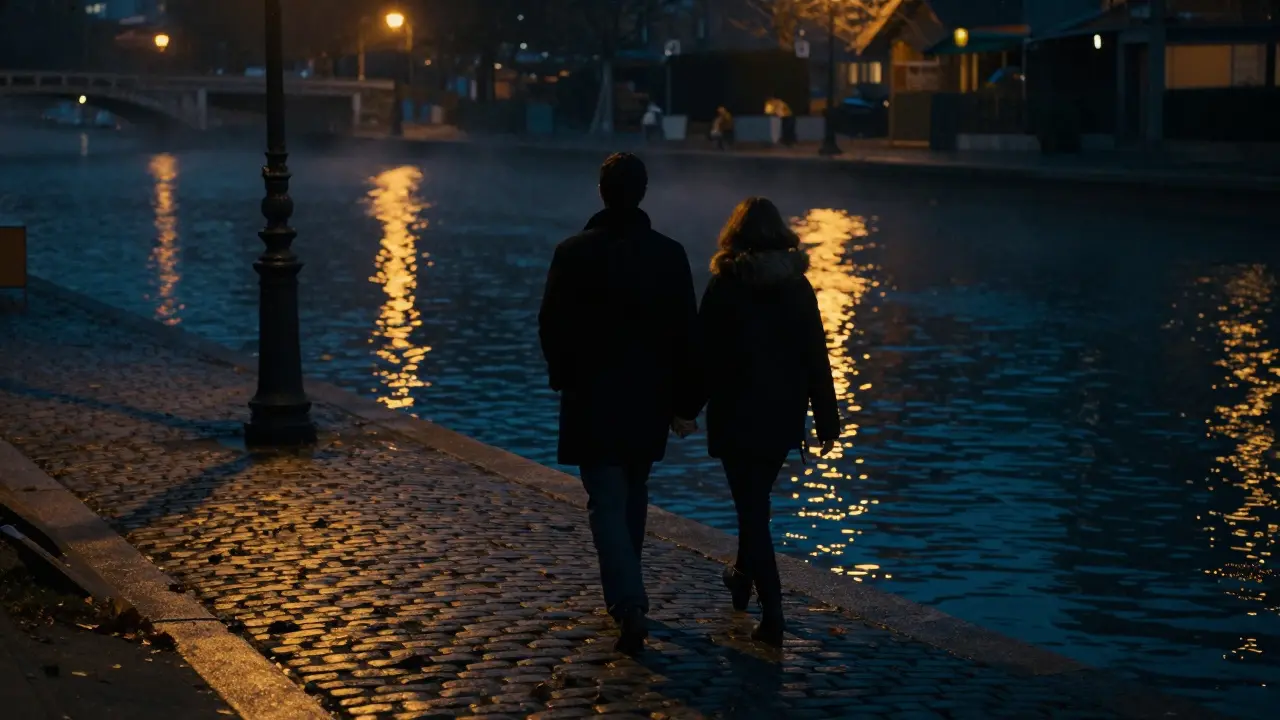 A couple walking silently along the Canal Saint-Martin at night, lanterns reflecting on the water.