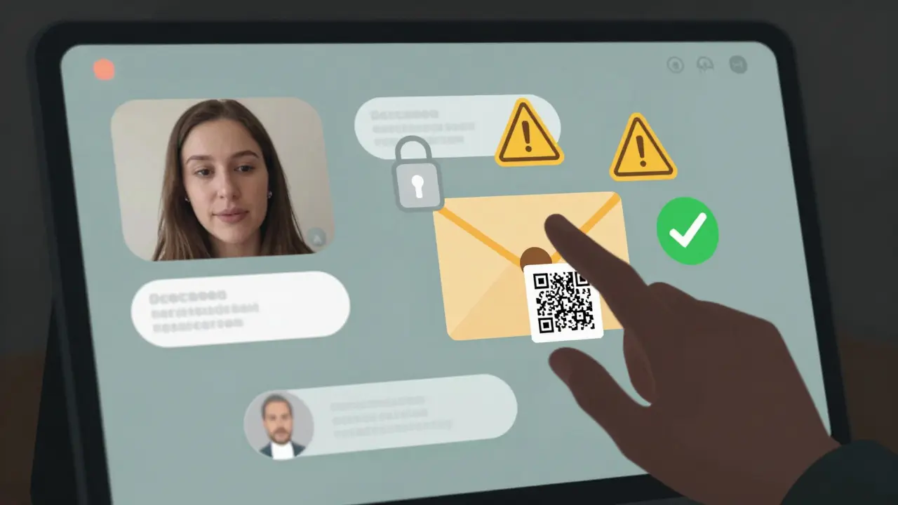 A digital screen shows a live video call with payment options, symbols of safety and risk floating around.