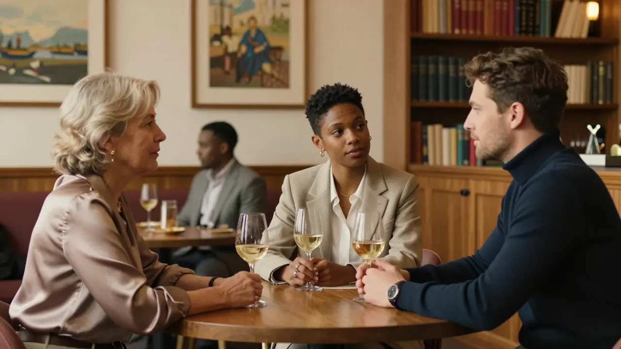 A diverse group of professionals engage in calm, meaningful conversation in a private London club.