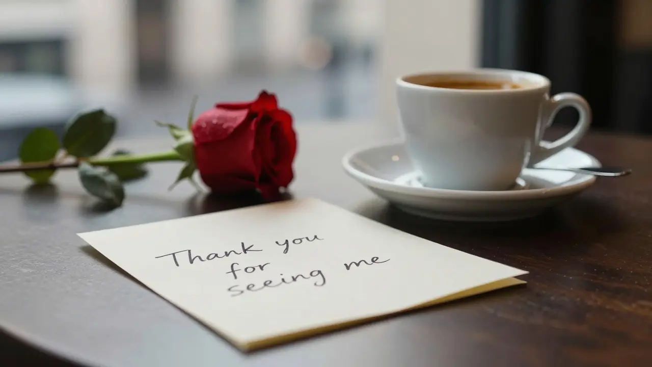 A handwritten note and a single rose left on a café table, symbolizing gratitude and connection.