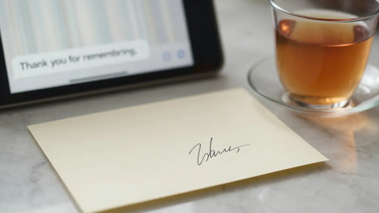 A handwritten thank-you note rests beside a glass of tea, symbolizing quiet appreciation and mutual respect.