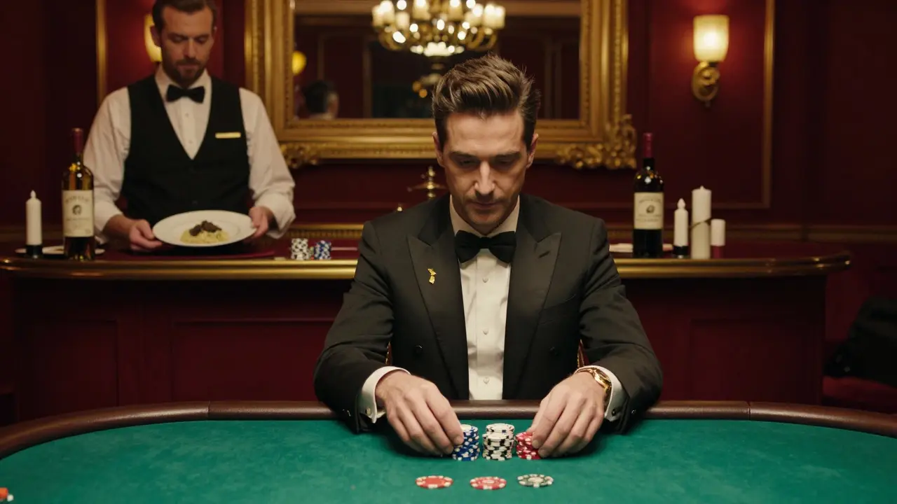 A high roller sliding chips at a private casino table, with a gourmet dinner in the background under warm, quiet lighting.