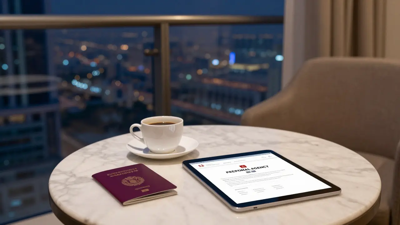 A luxurious hotel room in Abu Dhabi with a coffee service and professional agency details visible, conveying discretion and safety.