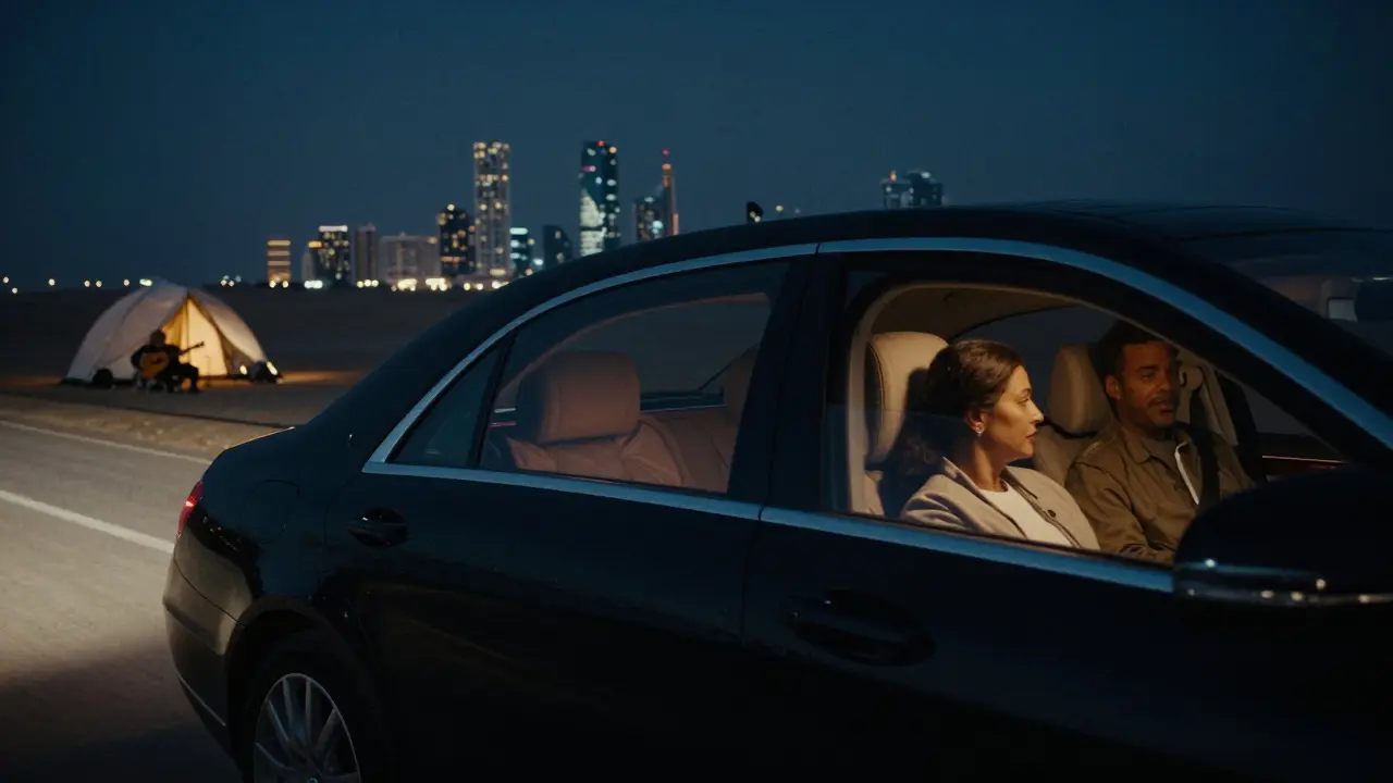 A luxury car gliding along the waterfront at night, hinting at discretion and refined companionship.