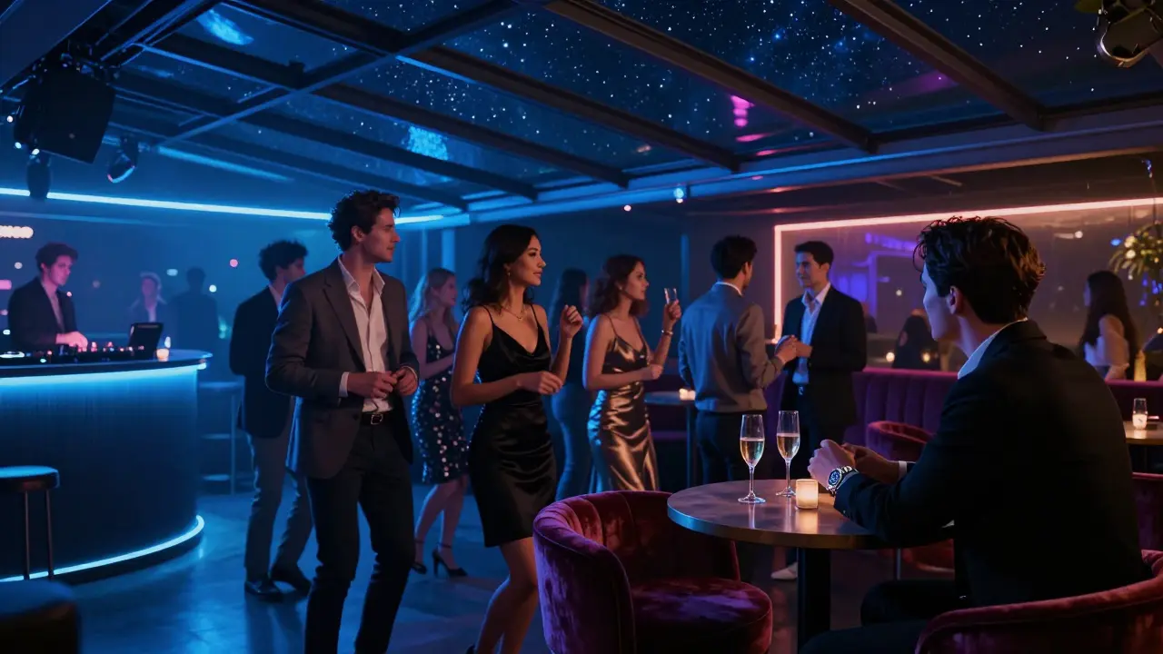 A luxury nightclub with a retractable roof, stylish guests dancing under neon lights and pulsing music.