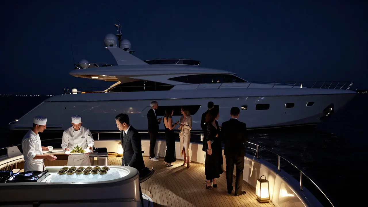 A luxury yacht at night in Monaco’s harbor, guests mingling under ambient lights with no visible phones or distractions.