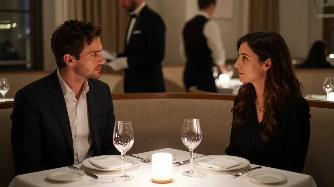 A man and woman share a quiet dinner in a dimly lit Michelin-starred restaurant in Milan.