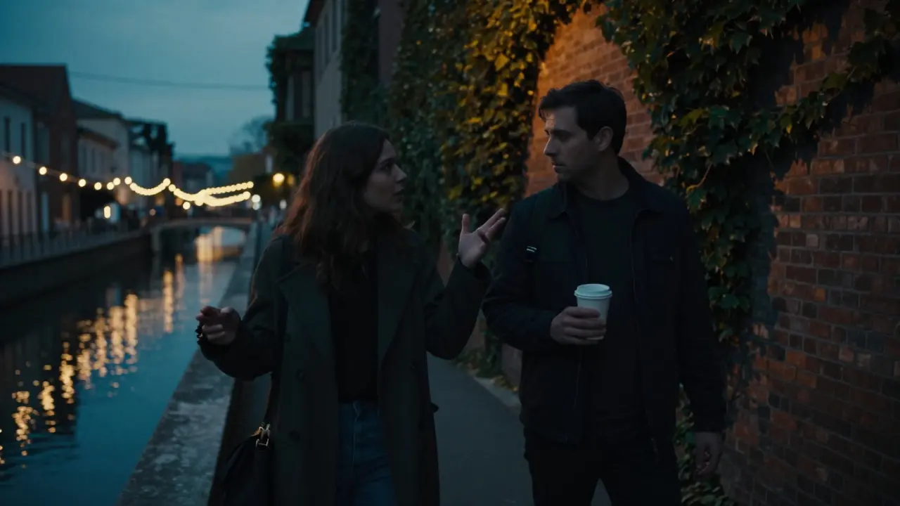 A man and woman walking along the Navigli canal at dusk, sharing a thoughtful moment under string lights.