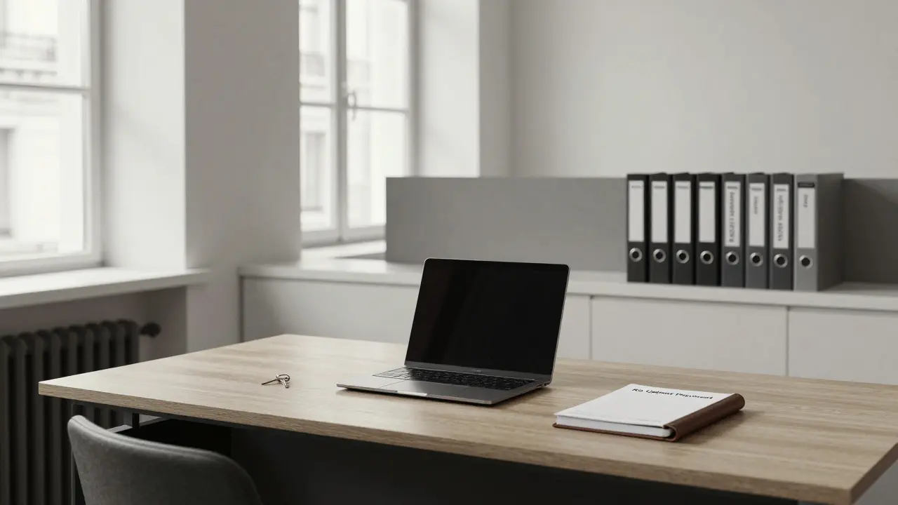 A minimalist agency office with a leather logbook and file folders labeled 'Verified' and 'No Upfront Payment'.