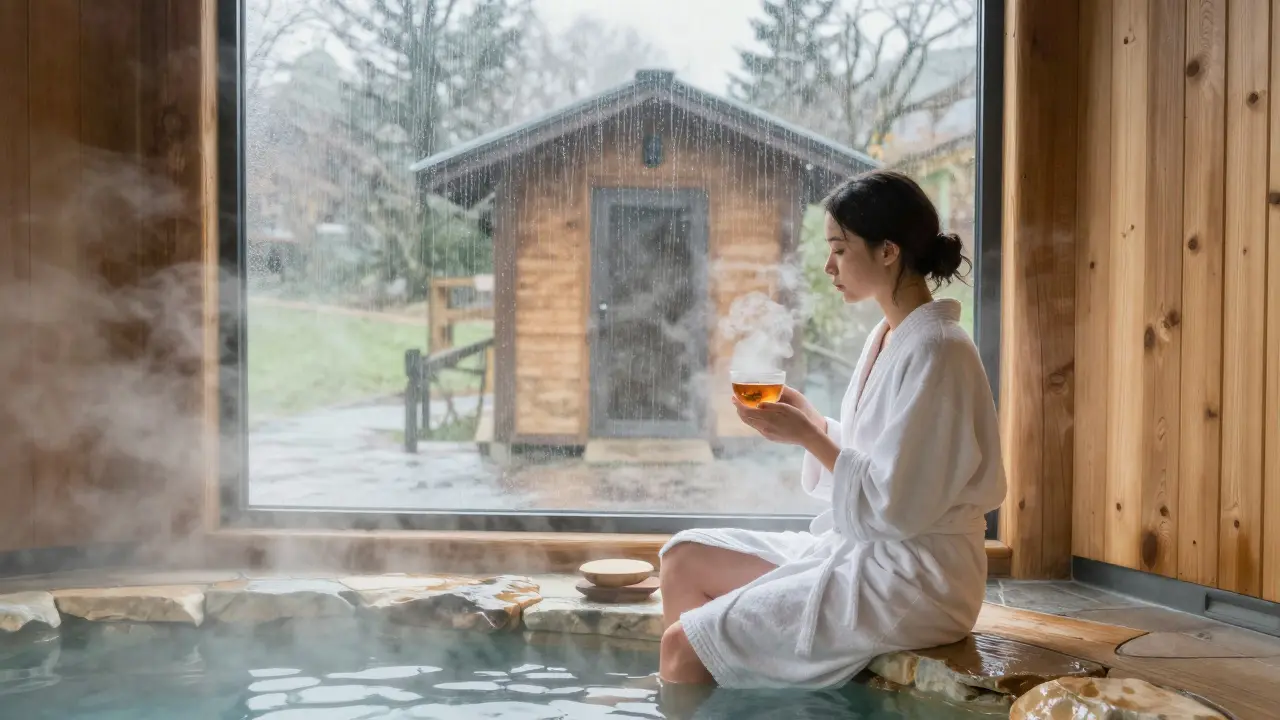 A person in a robe at a quiet thermal spa in Berlin, steam rising as rain falls outside the window.
