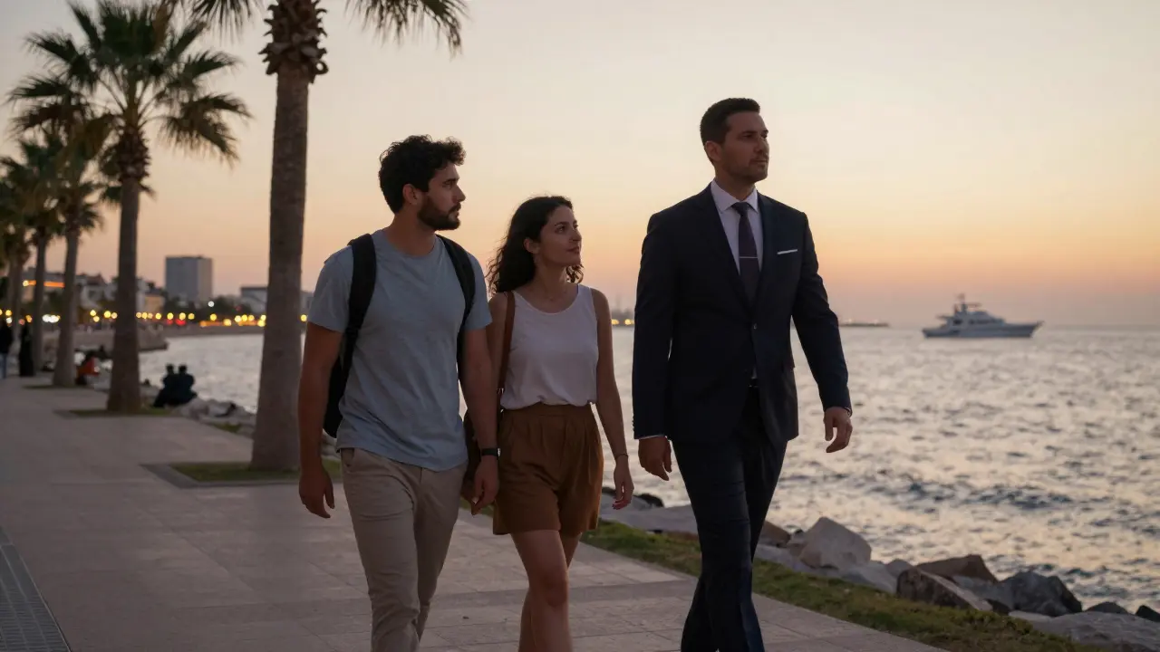 A person walking calmly along the Corniche at sunset with a companion, peaceful sea and city lights behind them.
