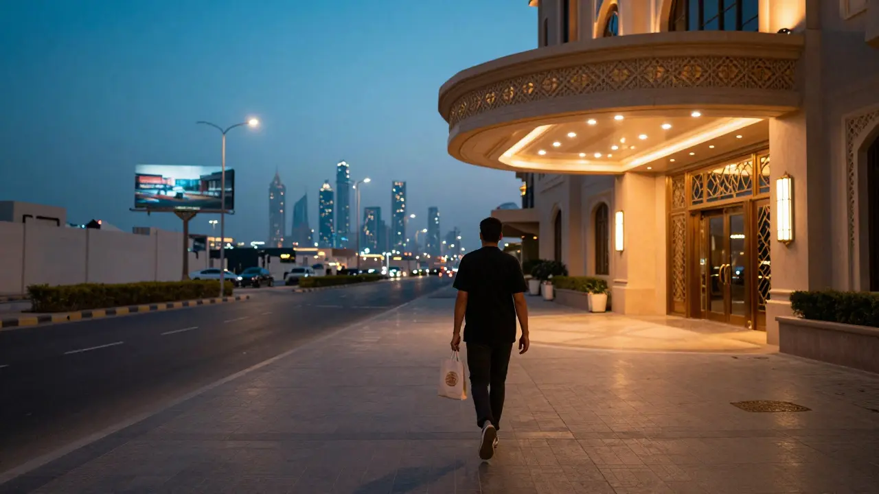 A person walks away from a Dubai hotel at twilight, holding a small gift, embodying peaceful closure.
