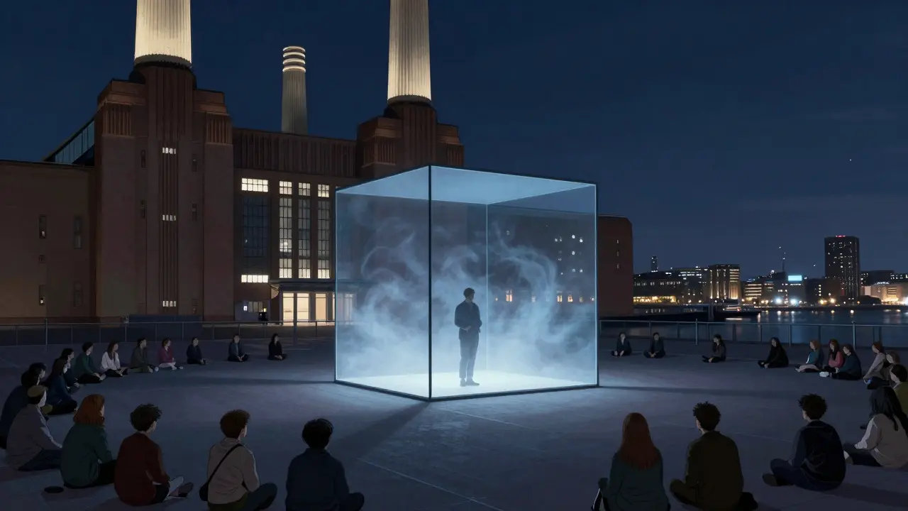 A poet inside a mist-filled glass cube at Tate Modern, audience seated in silence.