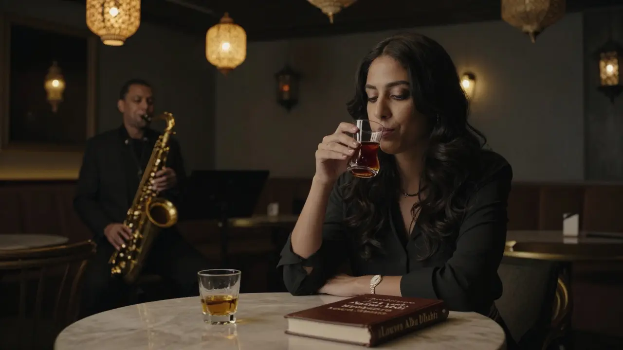 A poised companion listening to jazz in a dimly lit lounge with a book and tea beside her.