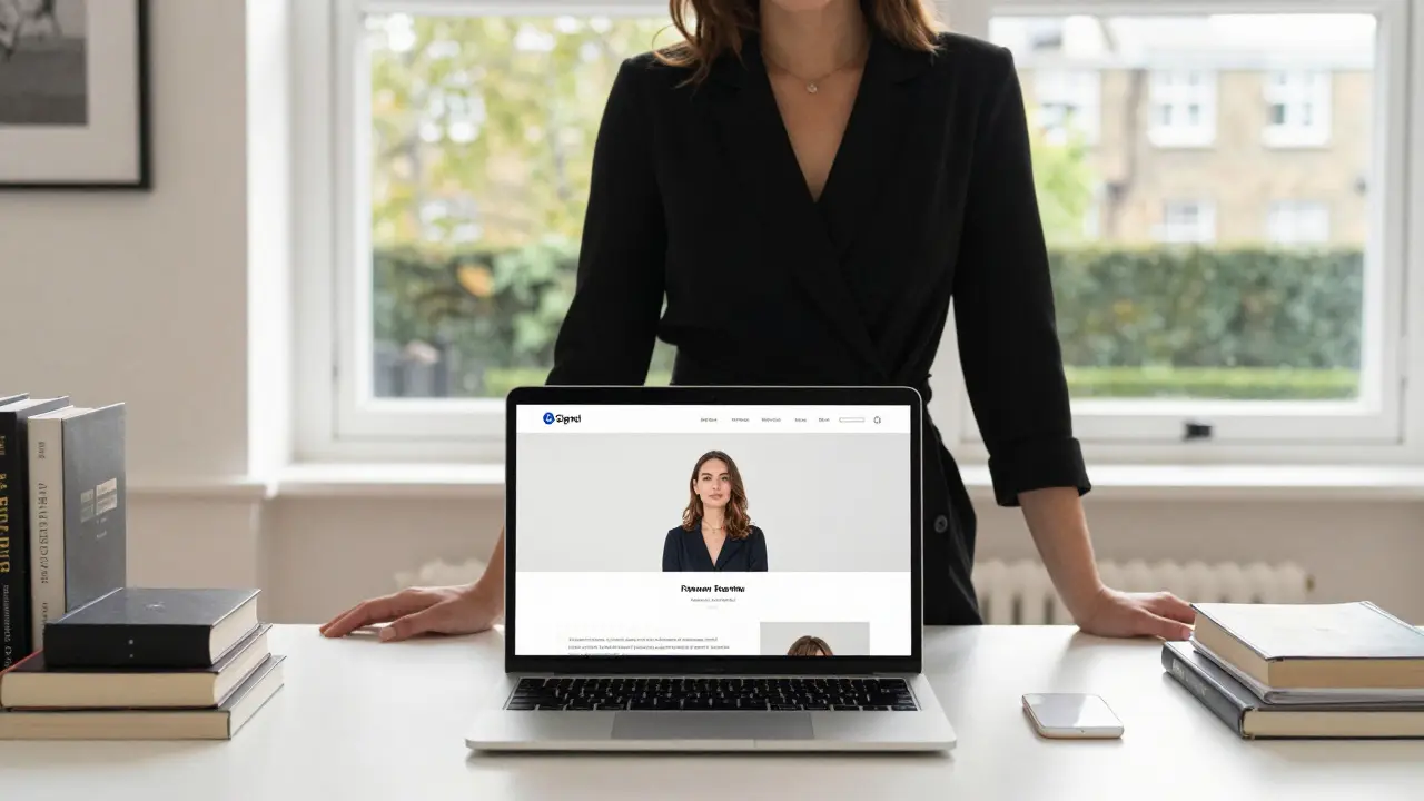 A professional escort works at a minimalist desk, reviewing client communications on a laptop in a sunlit room.