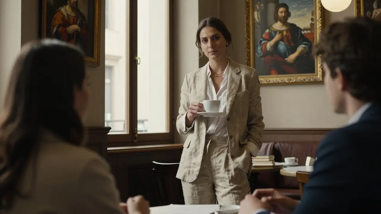 A professional woman in a linen suit listening attentively in a Brera café surrounded by art.