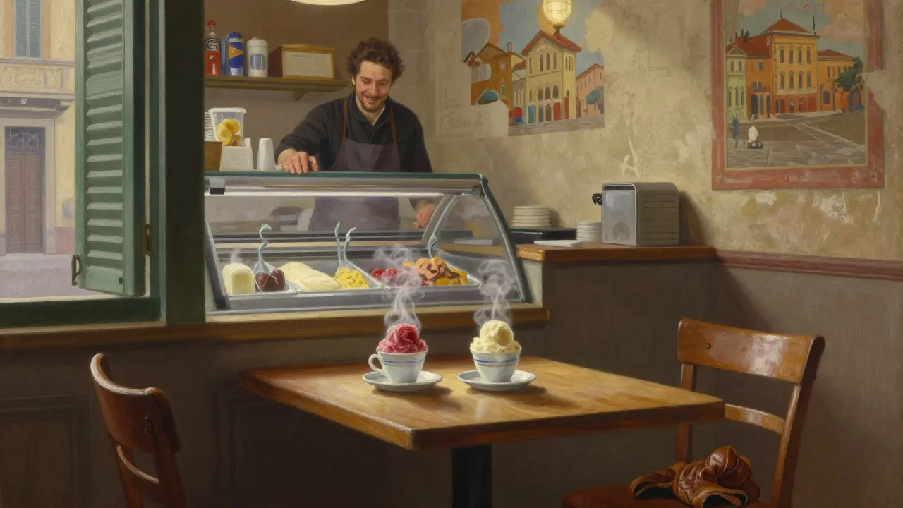 A quiet gelateria at dawn with two cups of gelato and a forgotten glove, hinting at a memorable night.