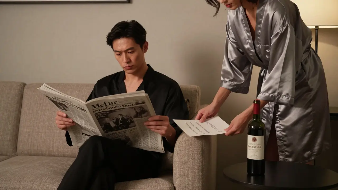 A quiet hotel room scene showing thoughtful companionship with a handwritten note and wine on a side table.