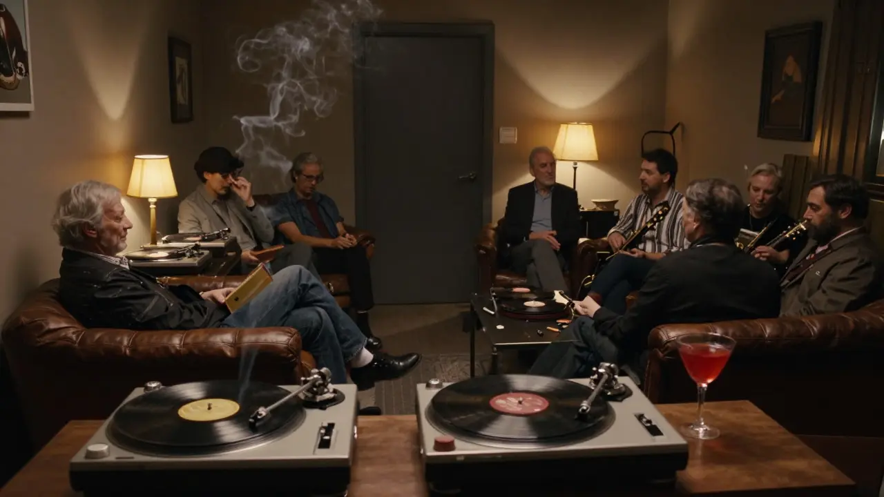 A quiet, intimate jazz club with vinyl records and dim lighting, patrons relaxed in leather chairs.
