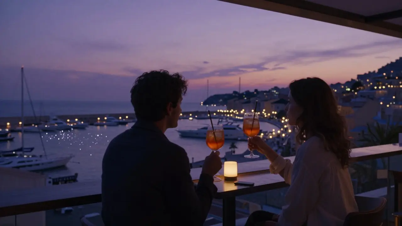 A quiet rooftop bar at sunset with a couple toasting as yachts light up the harbor below.