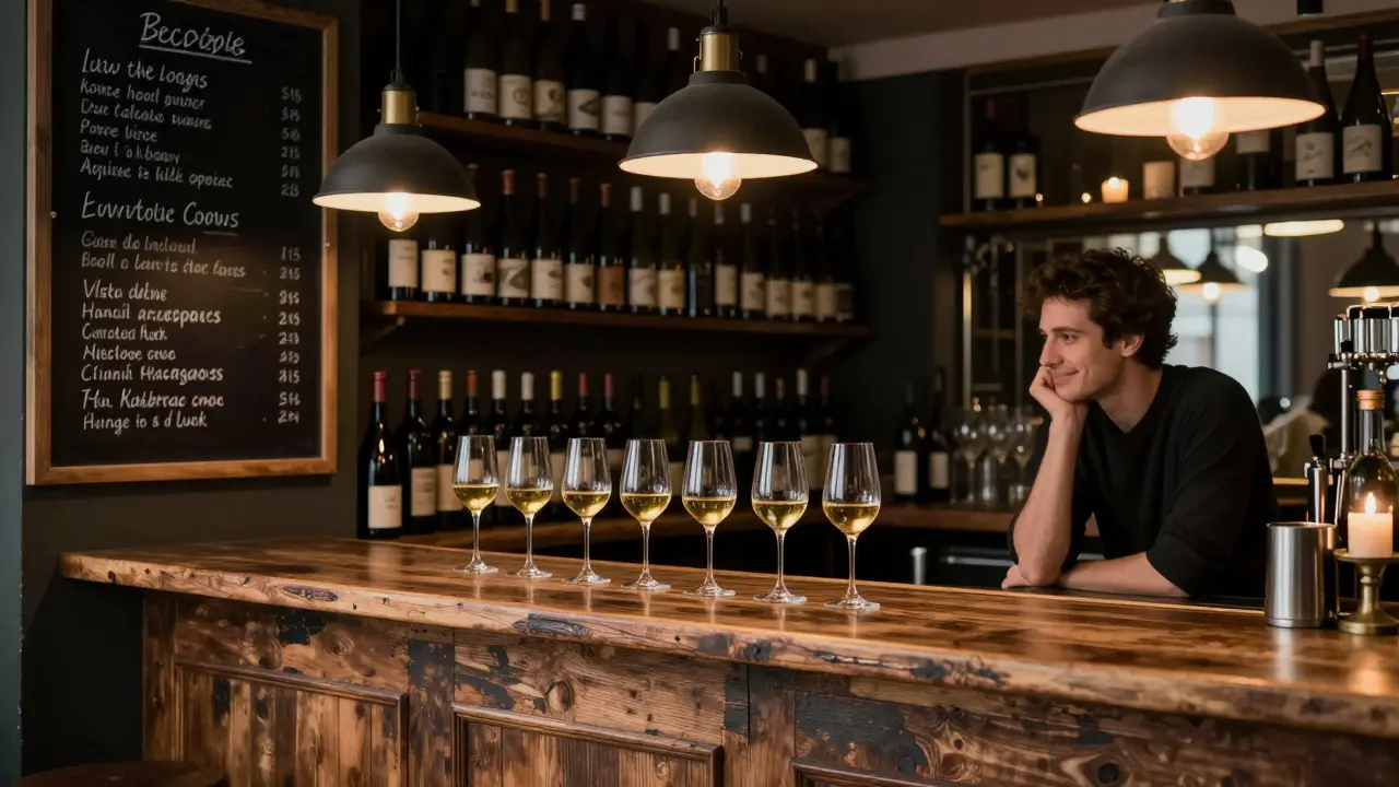 A quiet wine bar with wooden counters and bottles, a customer sipping natural wine by candlelight.