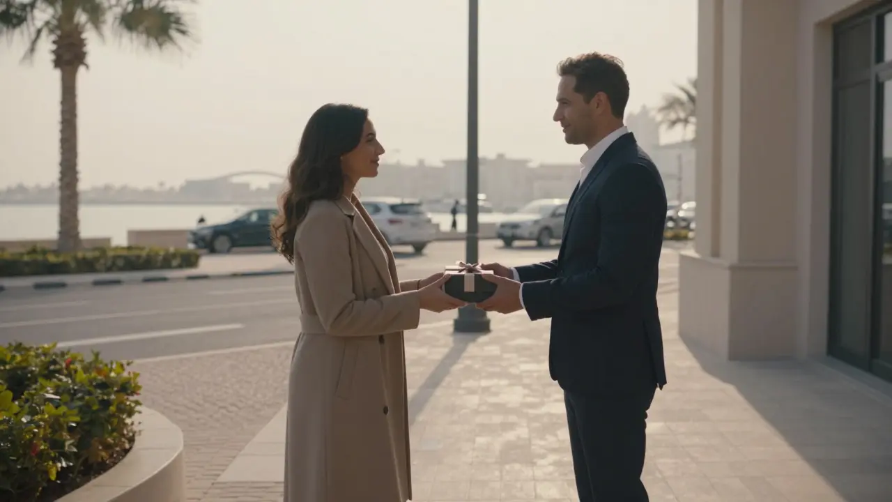 A respectful parting at dawn between two individuals outside a private Dubai apartment.