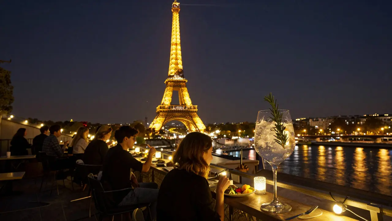 A rooftop view of Paris at night with city lights glowing and people sharing food under soft strings of lights.