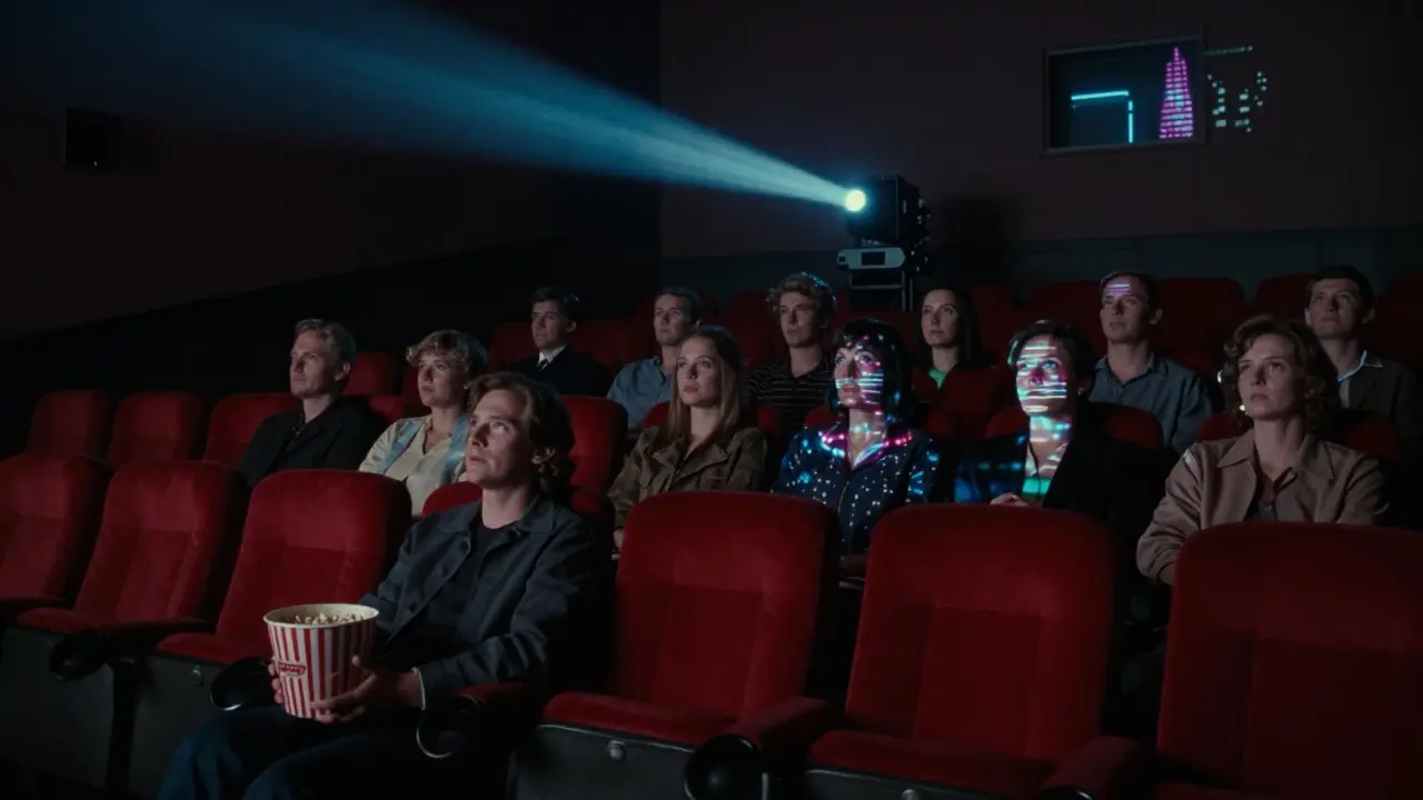 A silent movie theater at midnight watching Blade Runner 2049 on 35mm film.