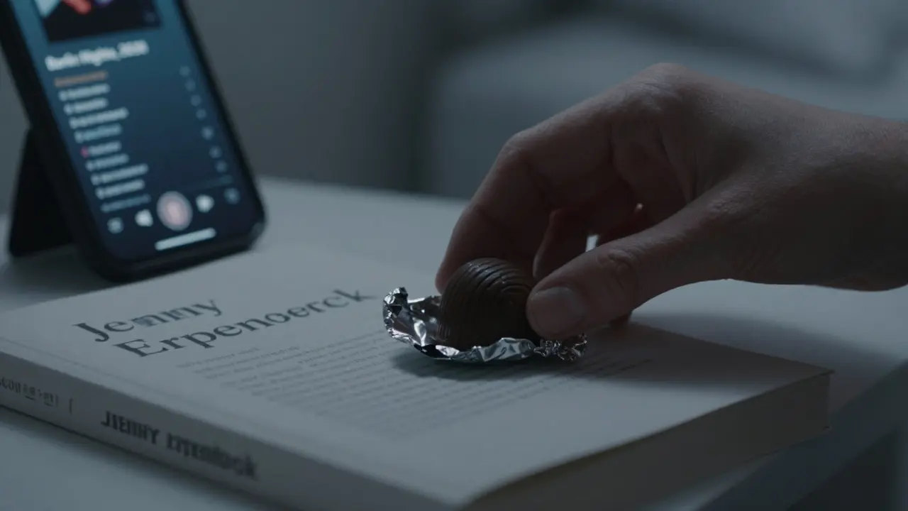 A single wrapped chocolate on a nightstand beside a book, with a playlist visible on a smartphone screen.