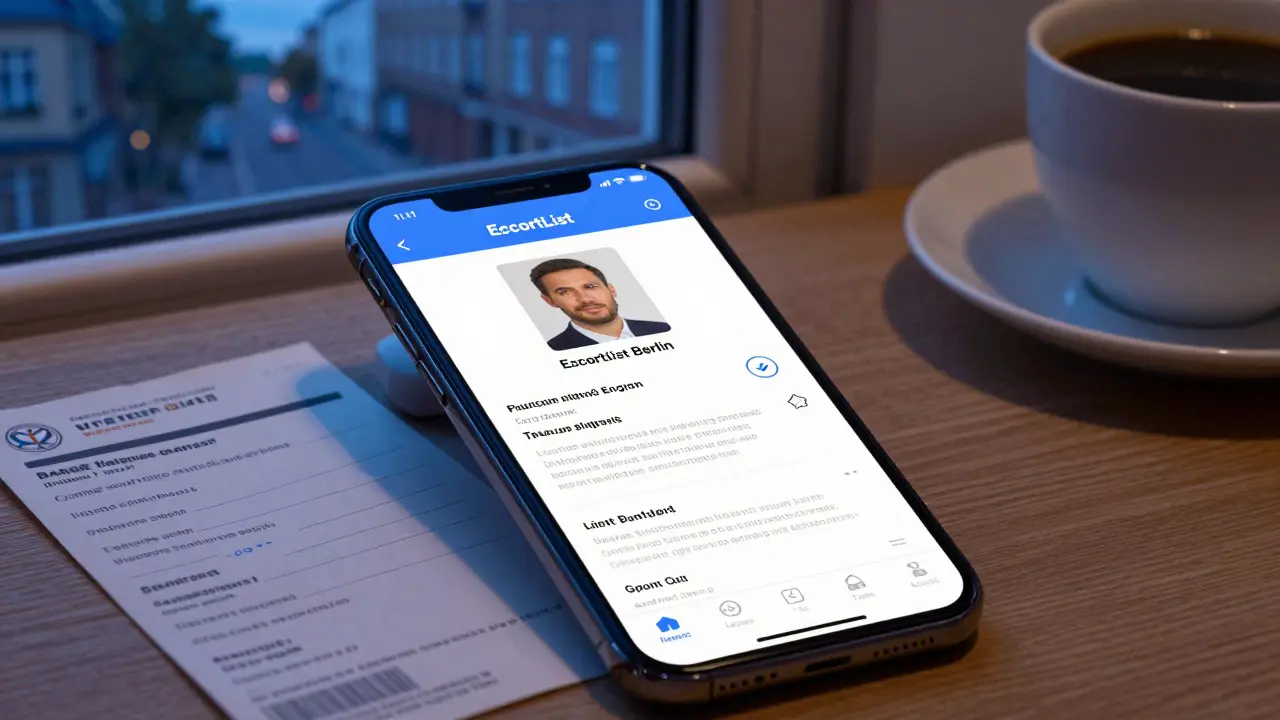 A smartphone displaying a verified escort profile with review badges and a bank transfer receipt nearby.