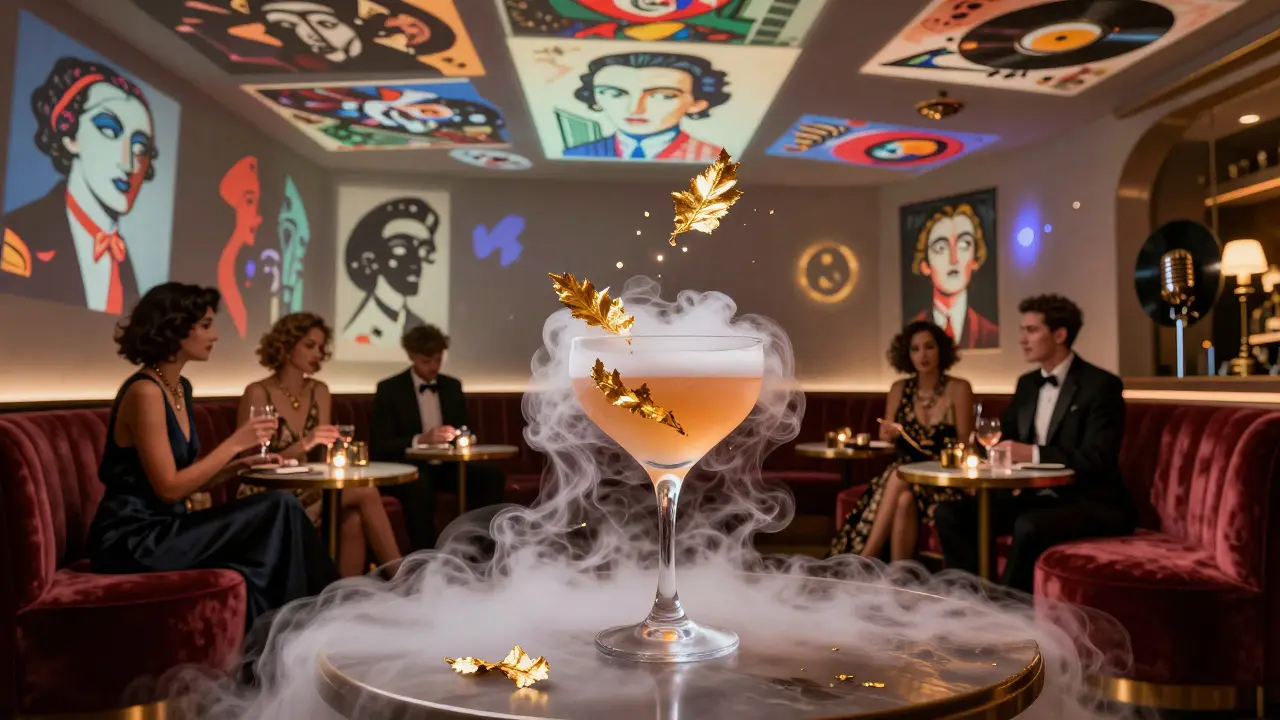 A surreal cocktail with gold leaf and dry ice under projected Dadaist art, in a dimly lit lounge with vintage decor.