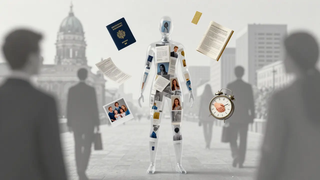 A transparent figure filled with personal items stands in Berlin, symbolizing emotional connection and economic agency.