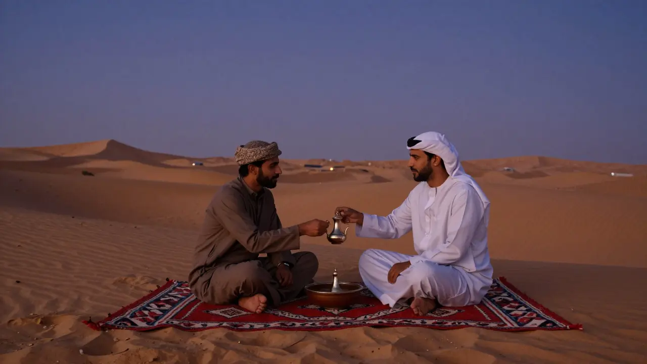 A traveler and local guide sharing tea in the desert at dusk under a starry sky.