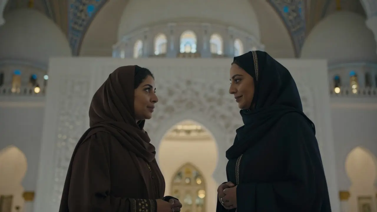 A woman and client quietly experiencing the Sheikh Zayed Grand Mosque after hours, surrounded by glowing mosaics and serene light.