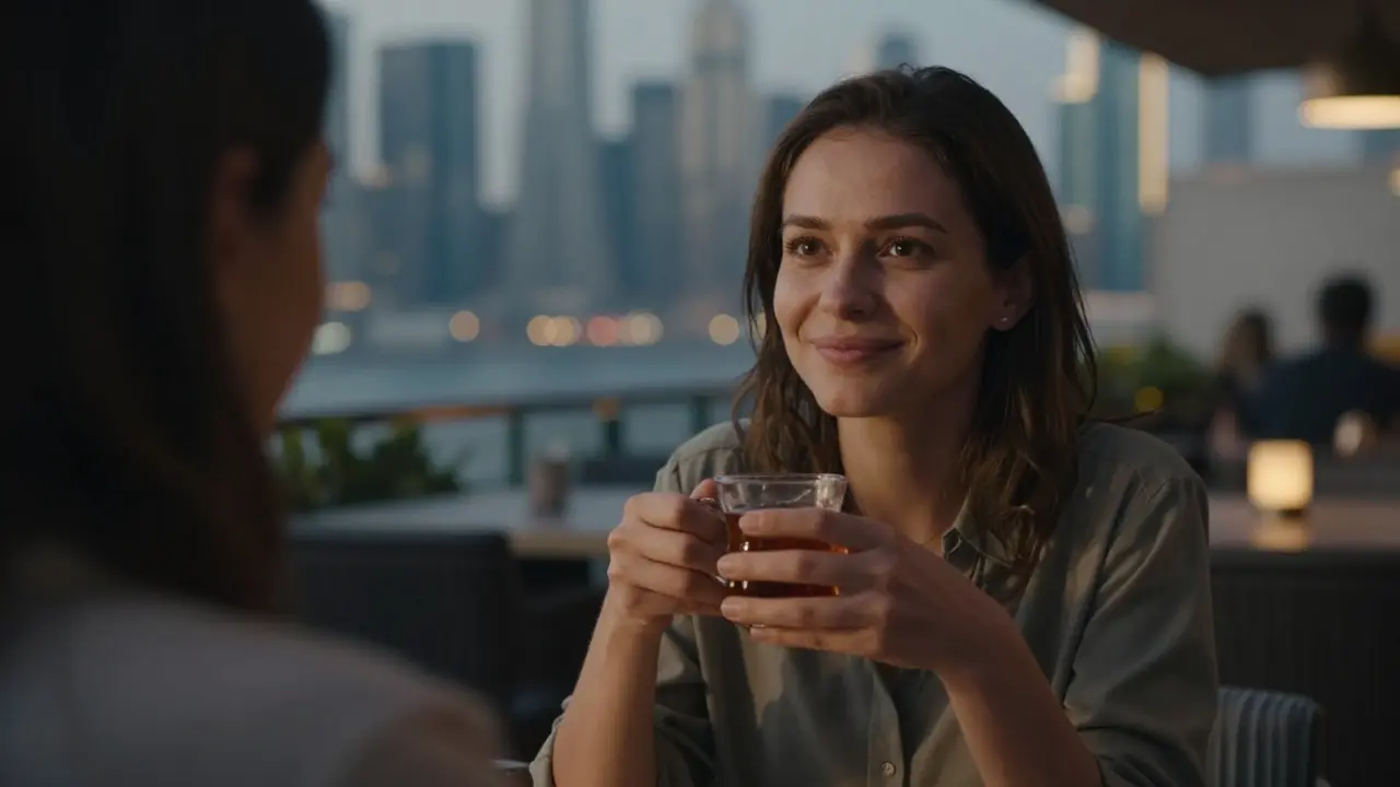 A woman from Ukraine smiles gently while sharing a story with a client on a rooftop at twilight, the Dubai skyline glowing behind her.