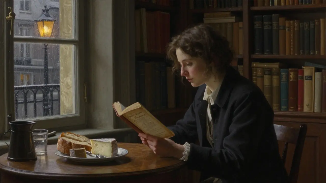 A woman listening as her companion reads poetry in a cozy, book-lined Parisian apartment.