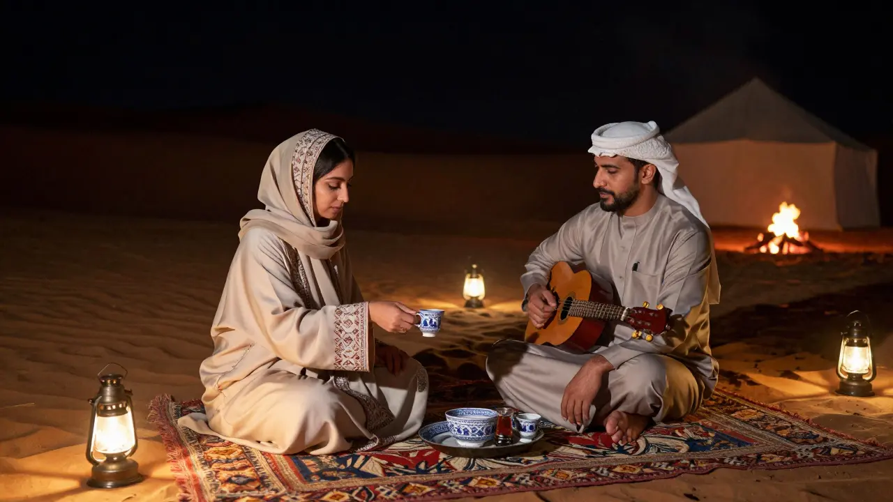 A woman pours Emirati tea in a desert camp at night, sharing a quiet moment under the stars.