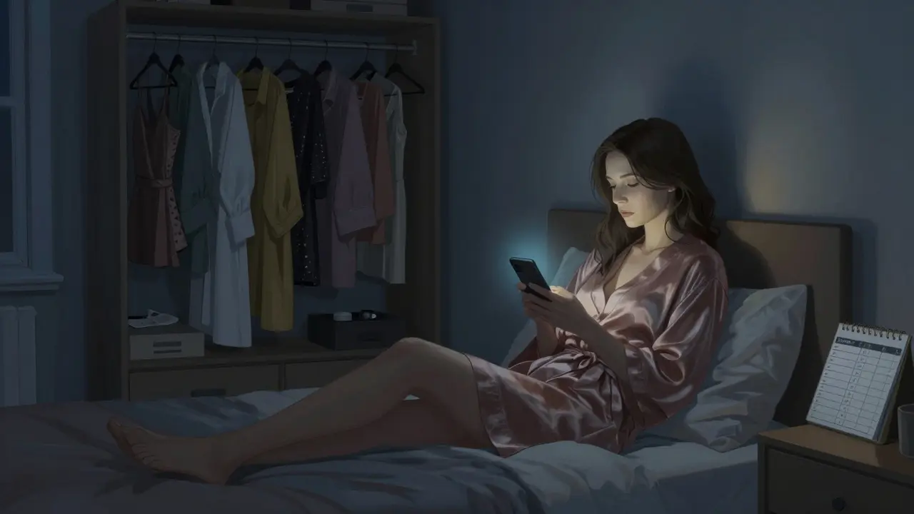 A woman sits alone in her apartment at 3 a.m., texting a therapist, surrounded by designer clothes and a detailed work planner.