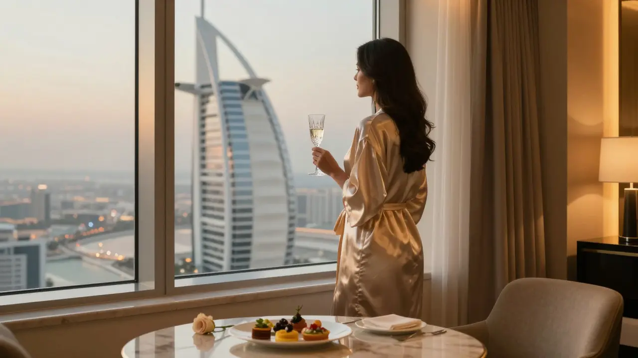 A woman stands by a window in a Burj Al Arab suite, holding champagne as the Dubai skyline glows behind her.
