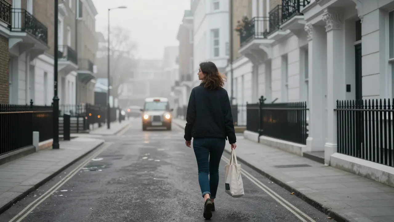A woman walking alone at dawn in London, exuding calm independence after a private engagement.