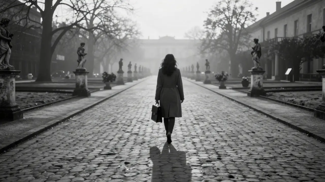 A woman walks alone through the misty gardens of Sforza Castle at dawn, her shadow long on cobblestones.