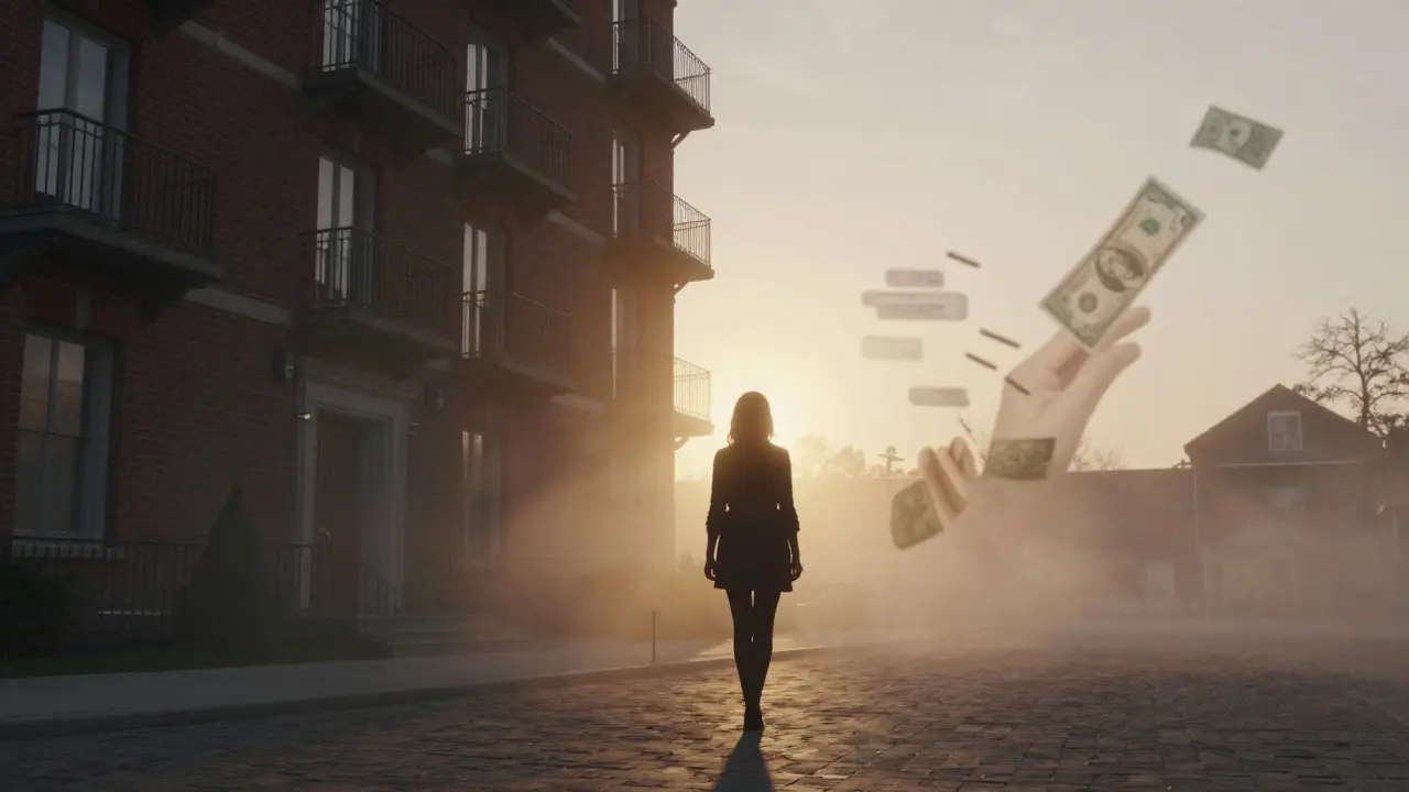 A woman walks away from an apartment at dawn, ghostly images of messages and money fading behind her.